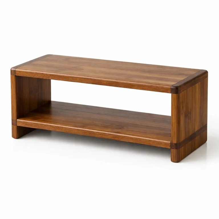 A stackable bamboo shelf organizer with a rich carbonized finish and gently rounded corners for a softer appearance, designed for modular organization.