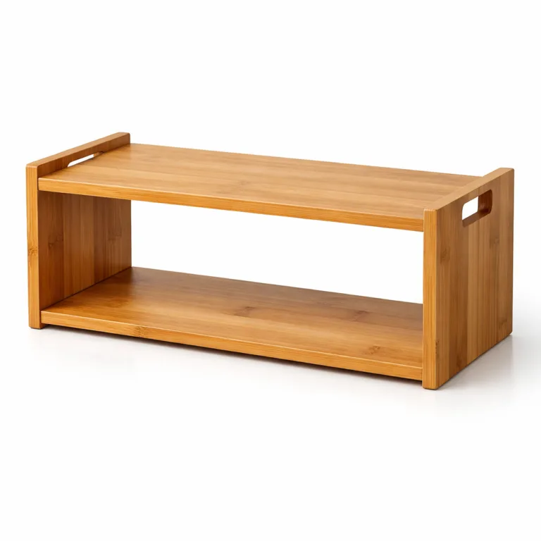 Stackable shelf organizer crafted from natural bamboo with a matte-oiled finish, includes integrated cutout side handles for easy carrying and repositioning.