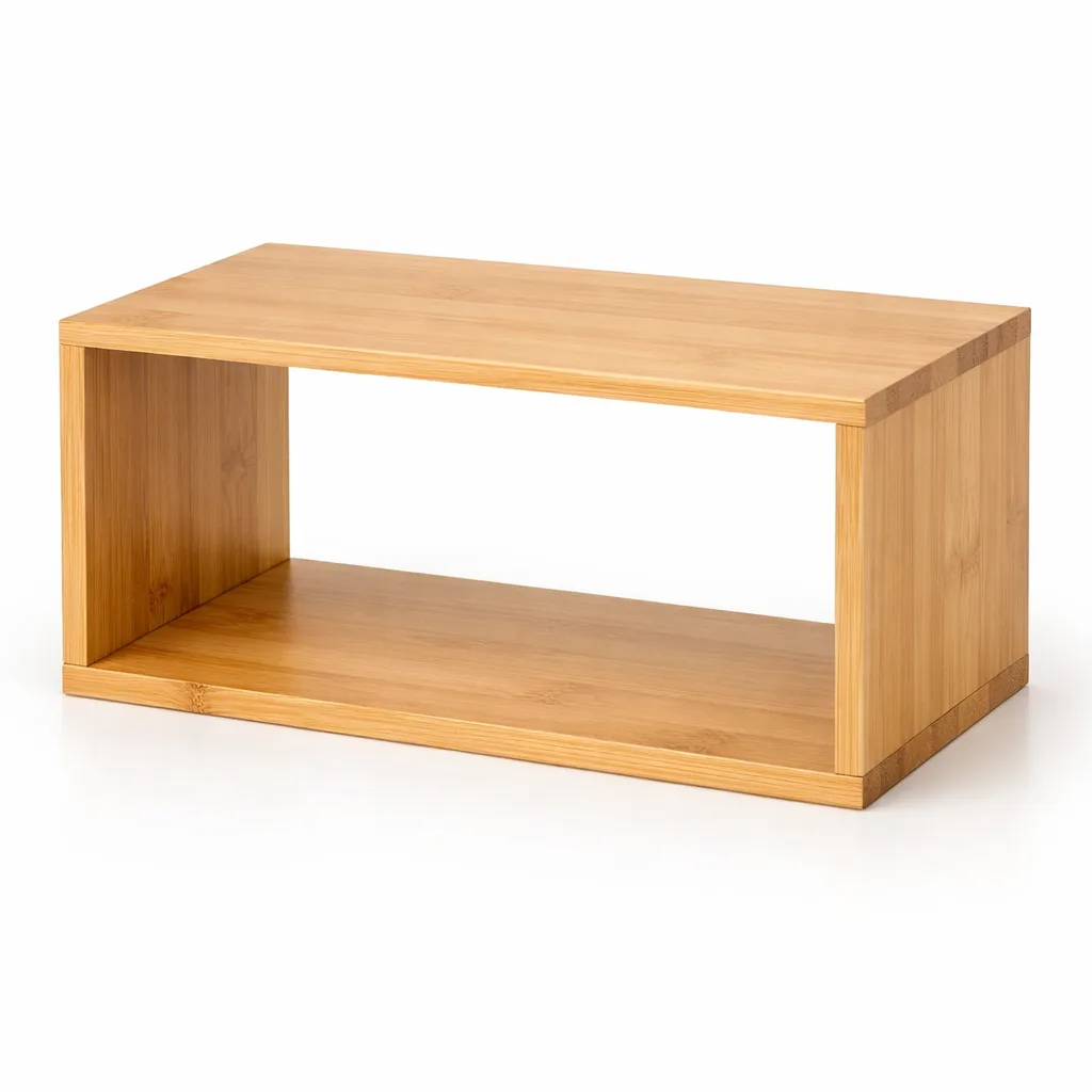 A bamboo stackable shelf organizer featuring a smooth natural bamboo finish and flat rectangular edges. Ideal for organizing home or office, stackable for customized storage.