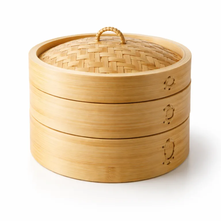 Multi-tiered bamboo steamer featuring smooth beveled edges on each tier and lid for an elegant touch. Crafted from natural bamboo, perfect for vegetables and fish.