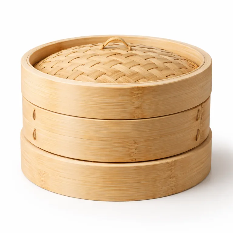 A detailed studio photo of a bamboo steamer with thoughtfully designed thick beveled edges on both steamer tiers. This variant offers enhanced durability and a distinctive visual profile, pairing tradition with robust craftsmanship.