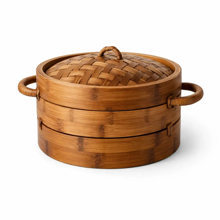 A round bamboo steamer, crafted from carbonized bamboo for a deeper, warm brown hue, featuring double side loop handles. Ideal for modern kitchens seeking a rich bamboo finish.