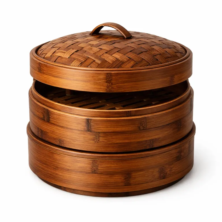 This bamboo steamer features a carbonized finish, giving it a warm brown appearance. Designed with multiple tiers for cooking vegetables and fish, presented on a white studio backdrop.