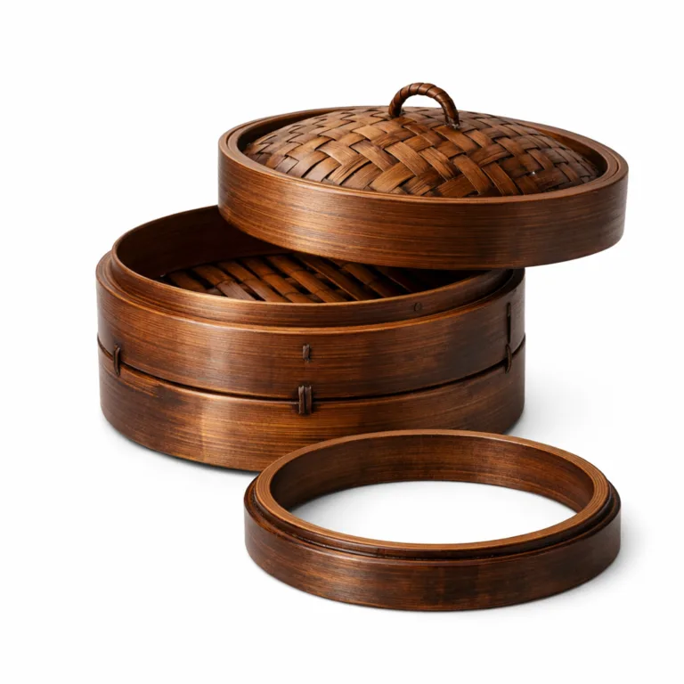 A high-detail image showing a bamboo steamer with lid and base ring, made from carbonized bamboo. The steamer features a rich dark brown tone with a slightly glossy appearance, providing an elegant and modern take on traditional steamers.