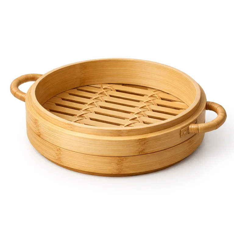 This round bamboo steamer features a smooth matte-oiled finish, distinct beveled edge, and double side loop handles for easy lifting. The subtle edge treatment adds a refined touch to its design.