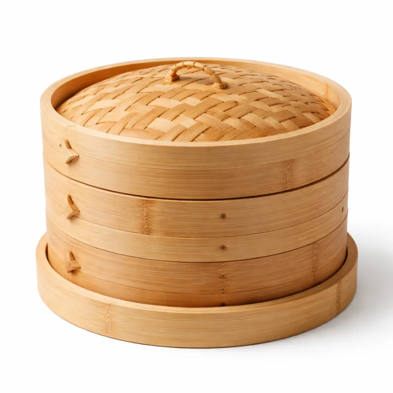 A realistic product photo of a bamboo steamer featuring a lid and a base ring. This variant has a classic natural bamboo finish with a smooth surface, perfect for traditional cooking and a timeless look.