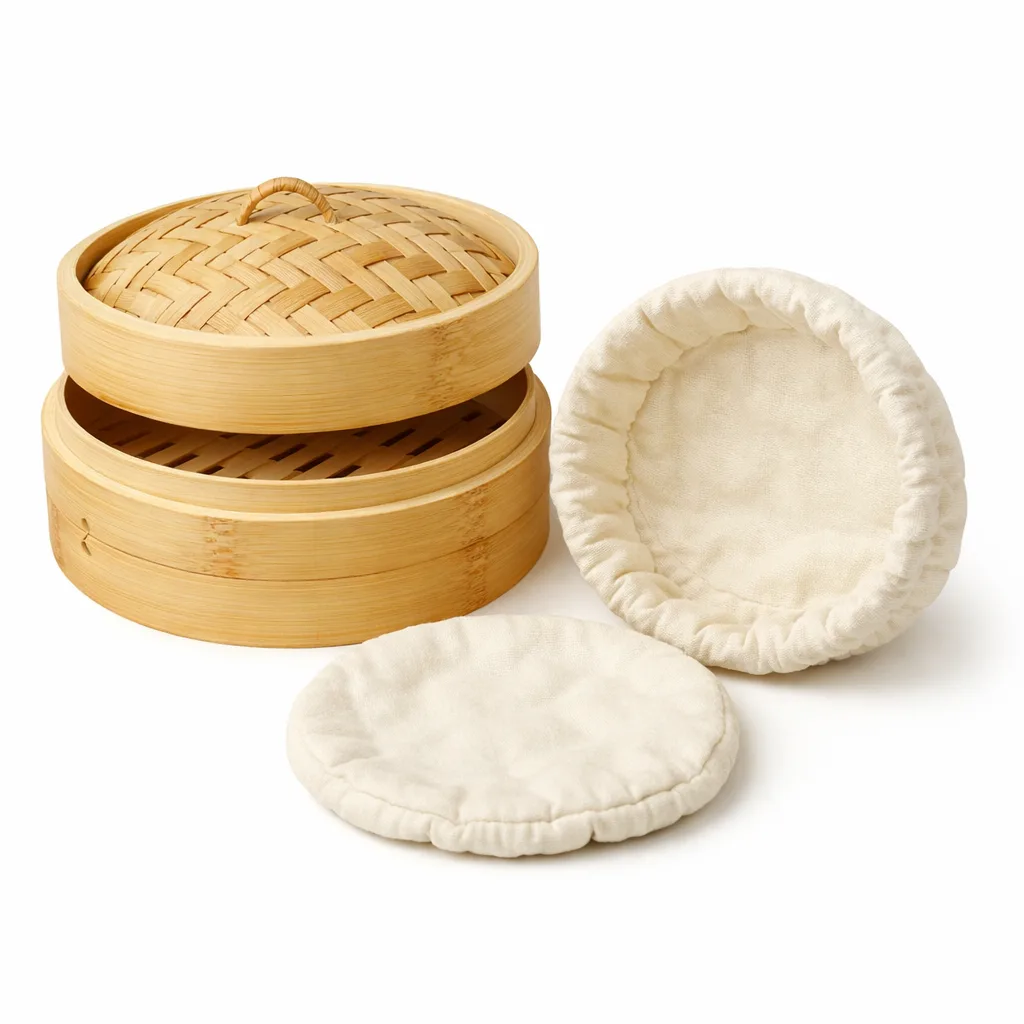 A classic bamboo steamer set with two round stacking layers, featuring a natural bamboo finish, smooth rounded edges, and a removable cotton liner displayed separately. Ideal for healthy and stylish steaming.