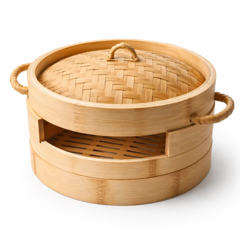 A classic round bamboo steamer showcasing natural bamboo texture and double side loop handles. Perfect for e-commerce, this variant features an untreated natural finish for an authentic look.