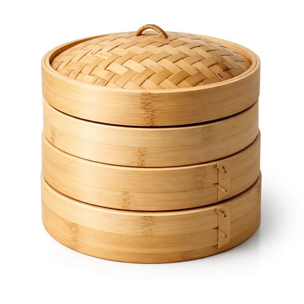 A natural bamboo steamer with a classic round, multi-tier design and smooth finish, ideal for steaming vegetables and fish. Studio product photo on white background.