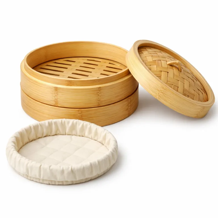 This bamboo steamer set has a slightly raised rim on the top layer, providing improved grip and preventing spills. The included cotton liner is presented separately, perfect for safe and efficient steaming.