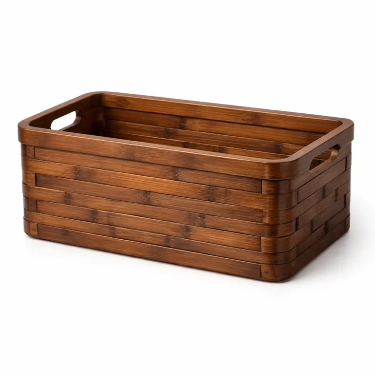 A dark brown carbonized bamboo storage basket, rectangular with smooth beveled handles for an elegant touch. The basket's rich tone is achieved by carbonization and is highlighted under commercial lighting for online sale.