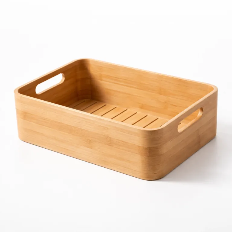 A practical bamboo storage basket, rectangular shape, featuring smooth rounded handles and discrete vertical drainage slots on the bottom panel, ideal for airflow and keeping contents dry. Displayed against a bright white backdrop.