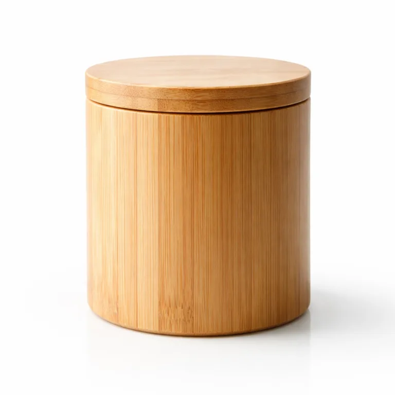 A minimalist bamboo sugar canister, round in shape, with a touchable matte-oiled finish. A single, subtle vertical groove adds both style and functionality for easier grip.