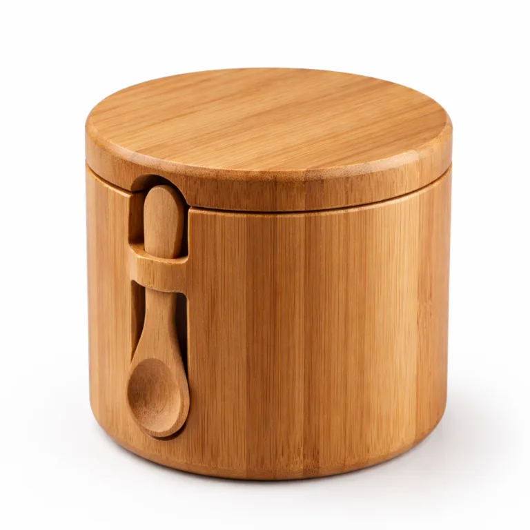 A round tea canister constructed from carbonized bamboo, resulting in a rich caramel hue. This design includes an integrated spoon slot and bevelled rim for added visual interest and grip, complemented by a matching bamboo lid.