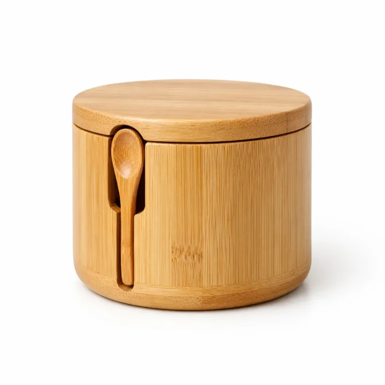 A round bamboo tea canister featuring a natural bamboo finish and gently rounded edges, with an integrated spoon slot and matching lid. The design highlights the organic wood grain and provides a soft, contemporary look ideal for modern kitchens.