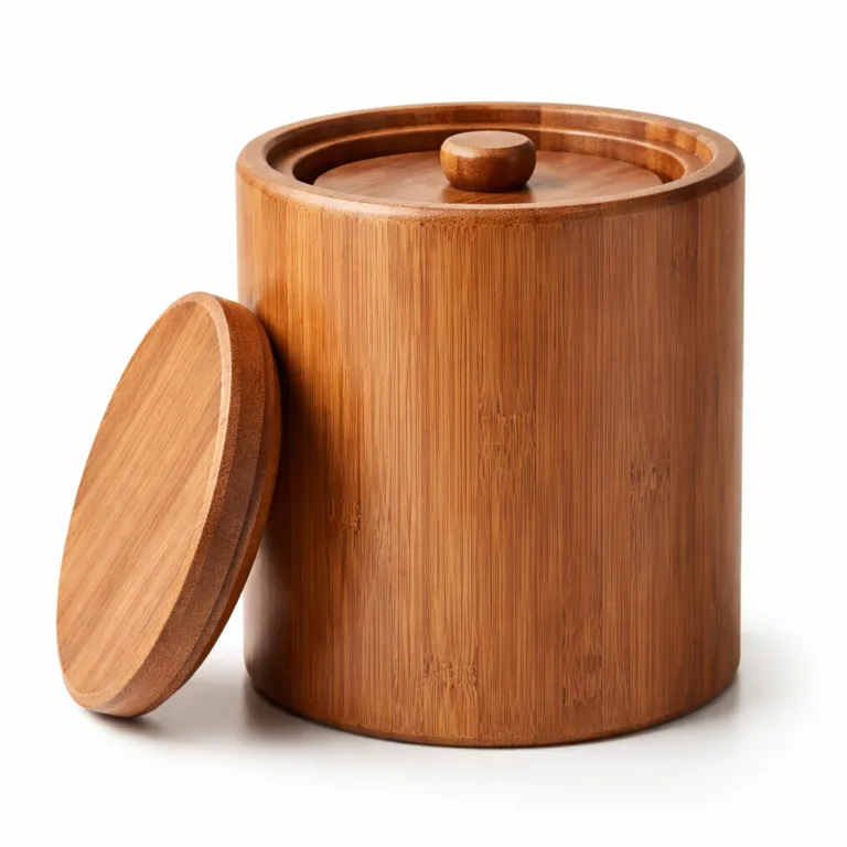 This image shows a carbonized bamboo tea storage jar with a darkened finish and beveled rim. The cylindrical jar includes an inner lid for airtight storage. The carbonization process creates a rich brown bamboo hue.