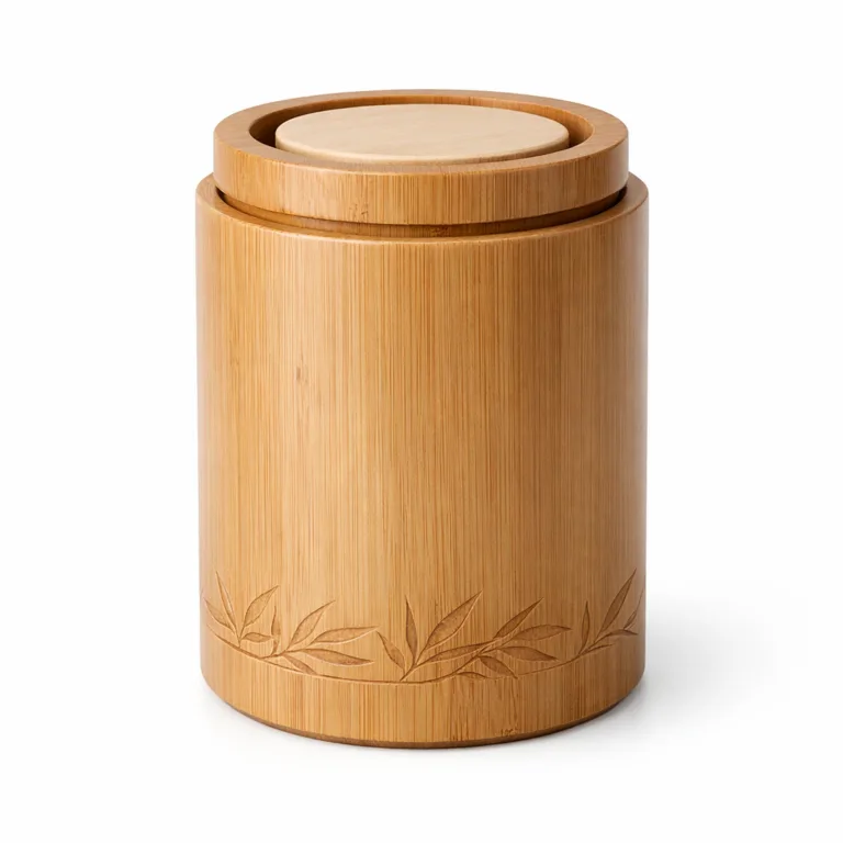 A matte-oiled bamboo tea storage jar featuring a subtle, laser-engraved leaf motif near the base for decorative detail. The cylindrical jar has a removable inner lid and a gentle matte sheen, providing a soft feel and standout look.