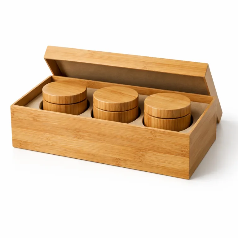 This bamboo tea canister set showcases a modern matte-oiled finish with a refined groove encircling each canister near the lid, blending style and function.