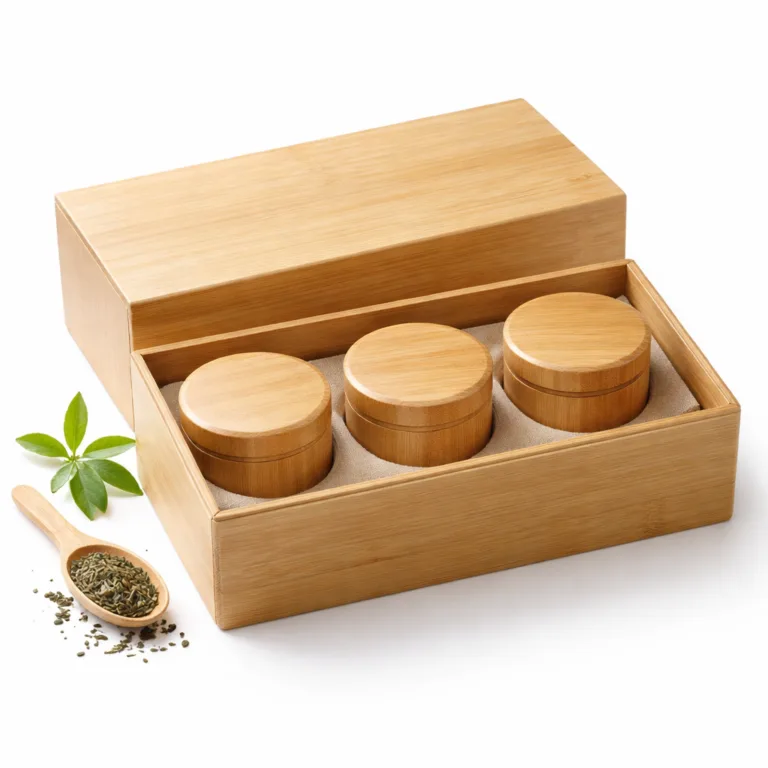A bamboo tea gift canister set featuring round canisters with a smooth natural finish and softly rounded edges, ideal for a refined and organic presentation.