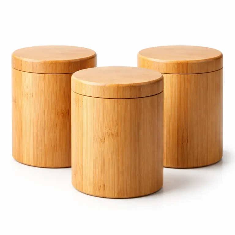 A set of three bamboo tea canisters made from natural bamboo, each with gently rounded edges for a soft silhouette. Perfect for storing tea, these canisters feature a natural wood grain and are presented in a simple, functional cylindrical form with smooth, snug-fitting lids.