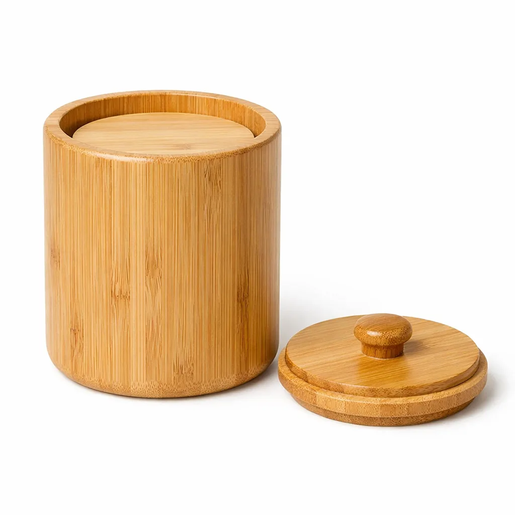 A high-resolution studio photograph of a natural finish bamboo tea storage jar with inner lid. The cylindrical jar has smoothly rounded edges, showcasing the beauty of raw bamboo. Ideal for tea storage with its fitted inner lid for freshness.