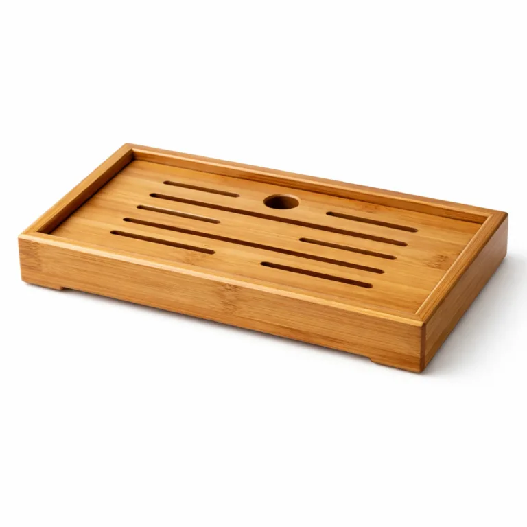 A rectangular bamboo tea serving tray finished in a refined matte-oil for a contemporary touch, designed with a raised rim for secure and stylish tea service.