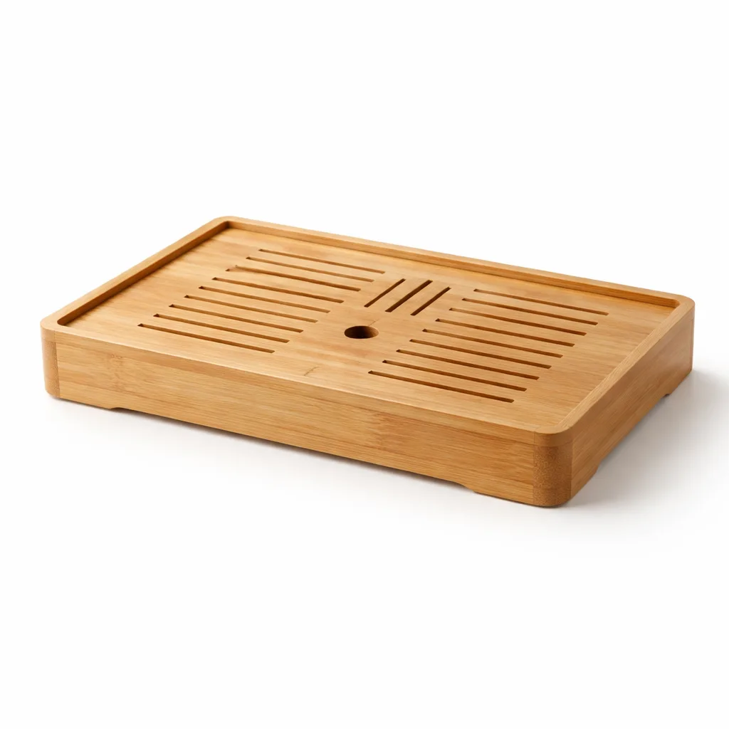 A classic bamboo tea serving tray crafted in a rectangular shape with a smooth natural finish and simple edges, showcasing the warm tones and clean lines of bamboo.