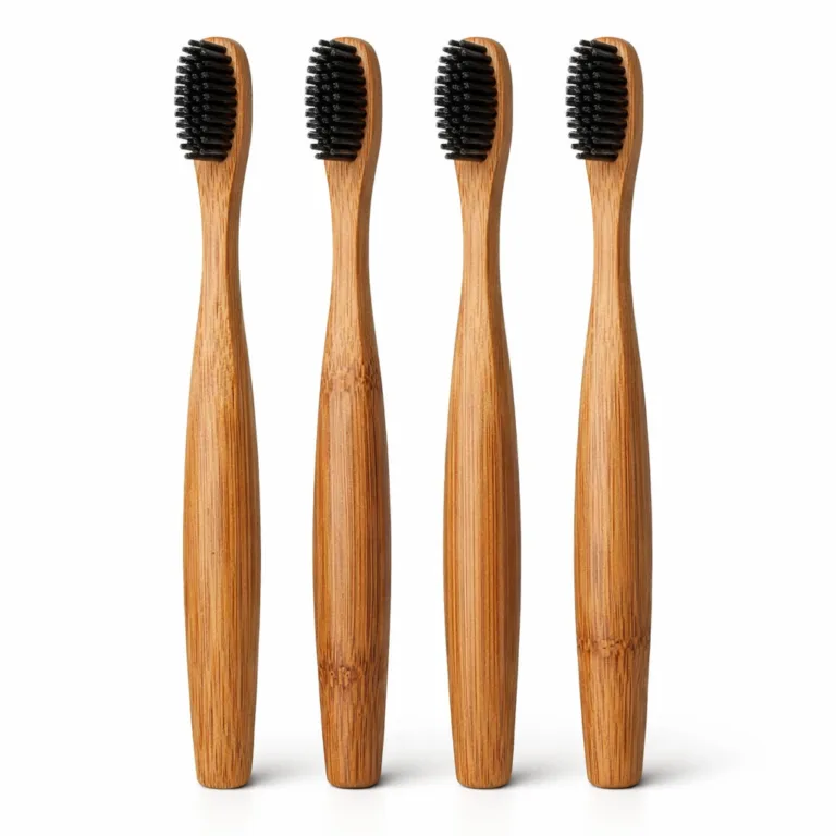 This family set of bamboo toothbrushes showcases a carbonized finish, adding a subtle darkened natural tone to the handles. Durable surface and elegant appearance, perfect for eco-conscious families.