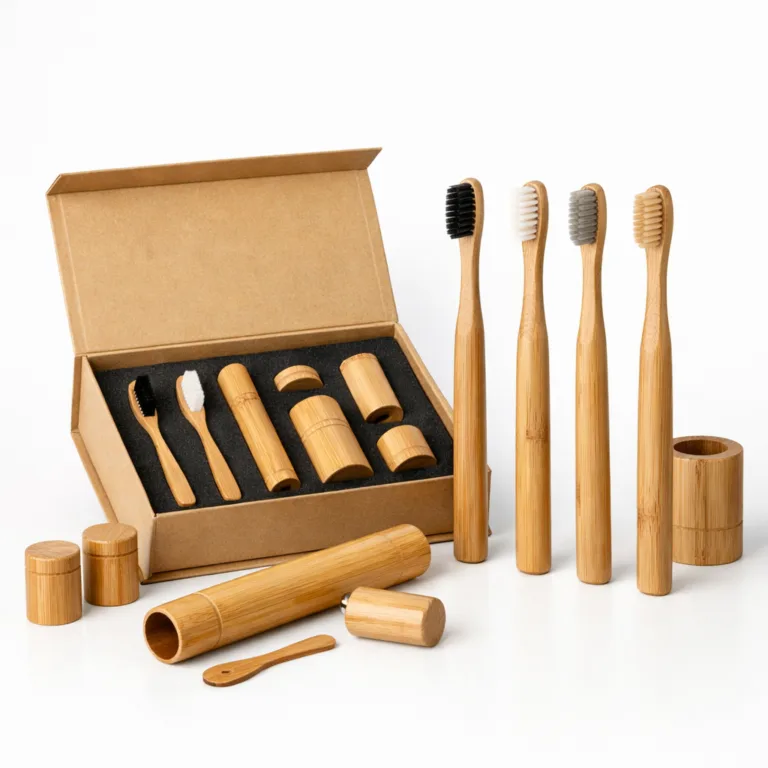 This bamboo toothbrush gift set features handles treated with a matte oil finish and gently rounded edges, packed in an elegant box for contemporary bathroom style.