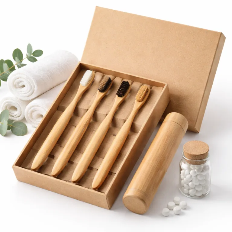 A multi-piece bamboo toothbrush gift set with natural bamboo handles and a classic smooth finish, arranged neatly in an elegant presentation box for eco-friendly gifting.