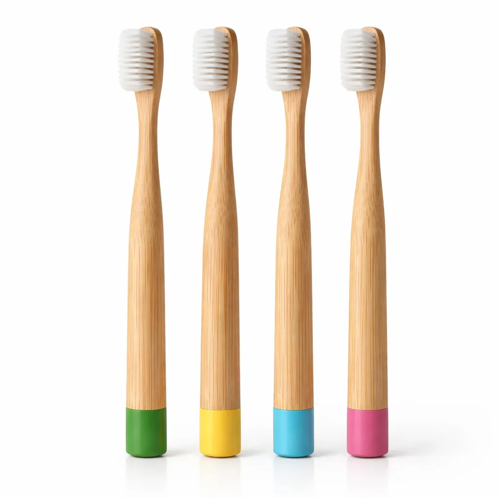 A bamboo toothbrush featuring a natural moso bamboo handle, color-coded rounded base, and a smooth, rounded silhouette. Ideal for those who prefer an organic look.