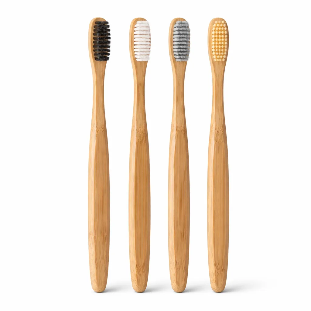 A four-pack of bamboo toothbrushes featuring uncoated, smooth natural bamboo handles for a clean, eco-friendly appearance. Simple classic adult design ideal for everyday family use.