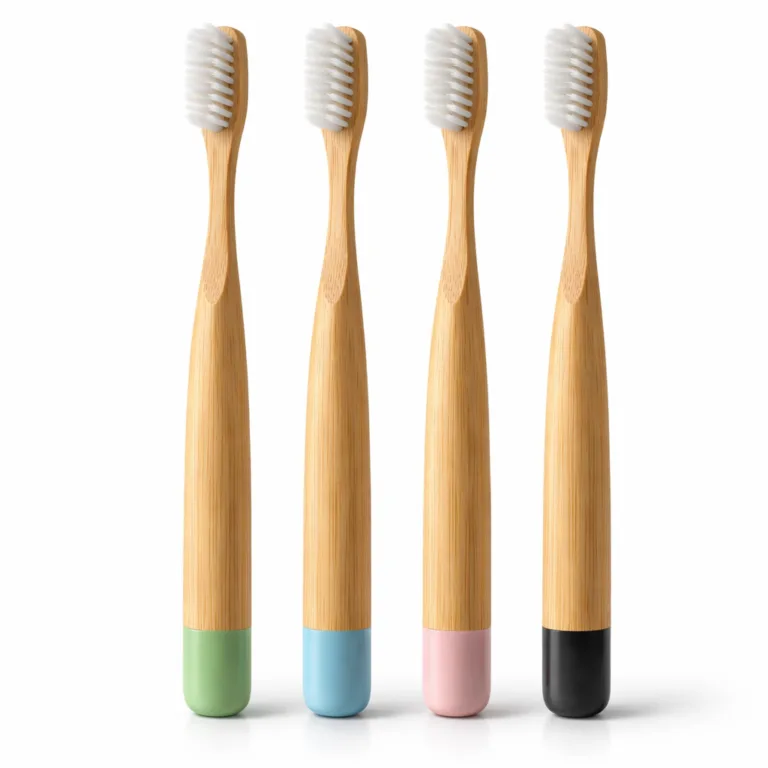 An elegant bamboo toothbrush with a polished bamboo handle, color-coded base, and a shallow groove along the handle for enhanced grip and visual interest.