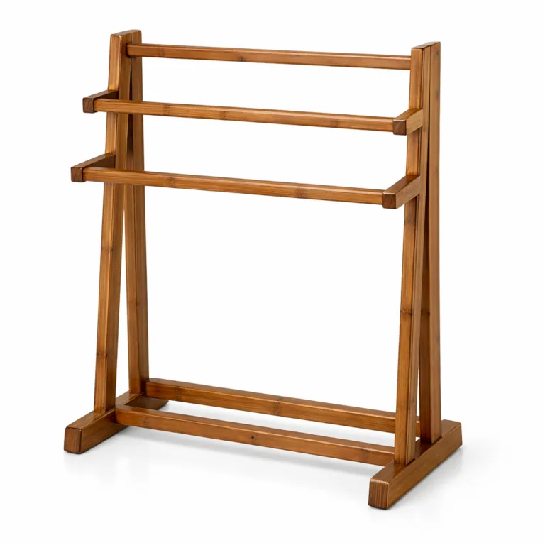 A carbonized bamboo towel rack stand finished in a rich, warm tone, featuring precise beveled edges for a refined appearance. The rack stands alone to display its multi-bar and sturdy base design.