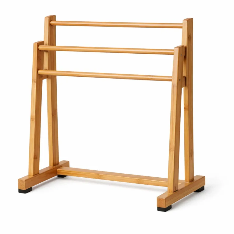 A bamboo towel rack stand with a modern matte-oiled finish and equipped with discreet anti-slip feet to ensure secure placement. The image showcases the towel rack’s balanced design.