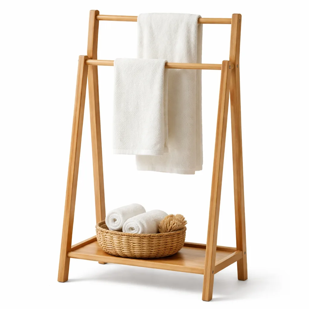 A natural bamboo towel rack stand featuring a smooth finish and gently rounded edges for a softer, contemporary look. Shown standing upright, highlighting its multi-bar construction and stable base.