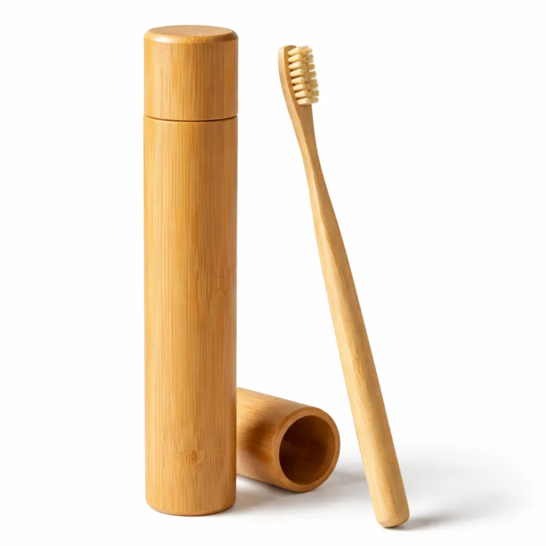 A Bamboo Travel Toothbrush with a specialized cylindrical case featuring precisely crafted beveled edges at the cap for a refined, premium finish. Natural bamboo material, combining functionality with subtle craftsmanship in the silhouette.
