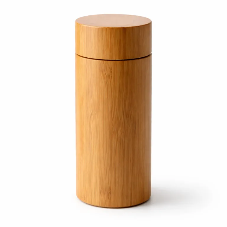 This variant features a Bamboo Travel Tea Canister crafted from carbonized bamboo, giving it a rich, darker tone. The lid edge is subtly beveled for visual refinement, complementing its minimalist form.