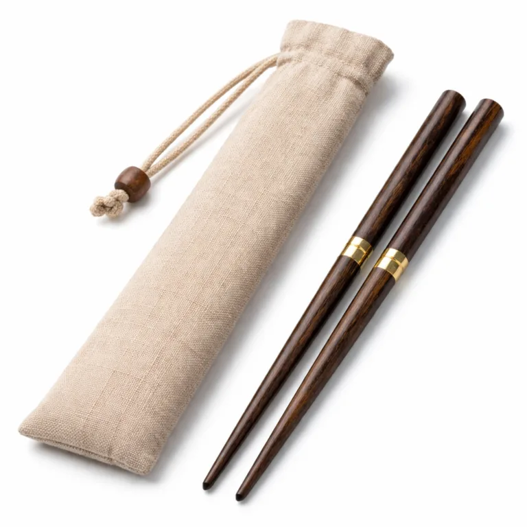 A pair of carbonized dark bamboo travel chopsticks featuring precision beveled tips, stored in a neat cloth pouch. This studio image highlights commercial lighting and crisp product detailing.