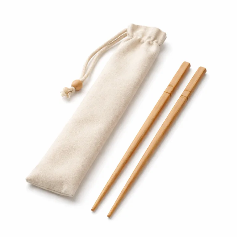 Slim bamboo travel chopsticks set with a matte-oiled surface and a subtle groove near the handle for improved grip, stored in a fabric pouch. Photographed in studio lighting for e-commerce clarity.