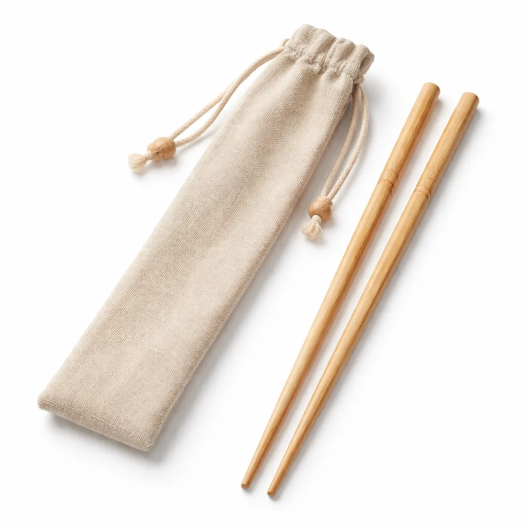 A pair of naturally finished bamboo travel chopsticks with rounded edges, presented in a compact cloth pouch. The photo displays high realism and sharp details, ideal for e-commerce product listings.