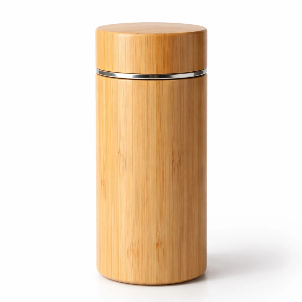 A Bamboo Travel Tea Canister crafted with natural bamboo, featuring a smooth natural finish and gently rounded edges for a comfortable grip. The removable lid matches the clean, minimalist aesthetic.