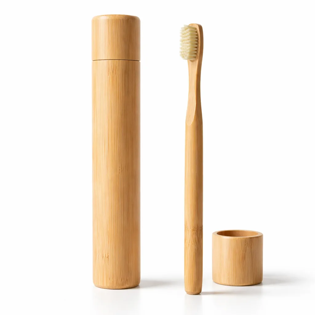 A Bamboo Travel Toothbrush with a cylindrical travel case, crafted from natural bamboo with a raw matte finish and visible horizontal grain. The design highlights eco-friendliness and simplicity, perfect for minimalist and sustainable travel.