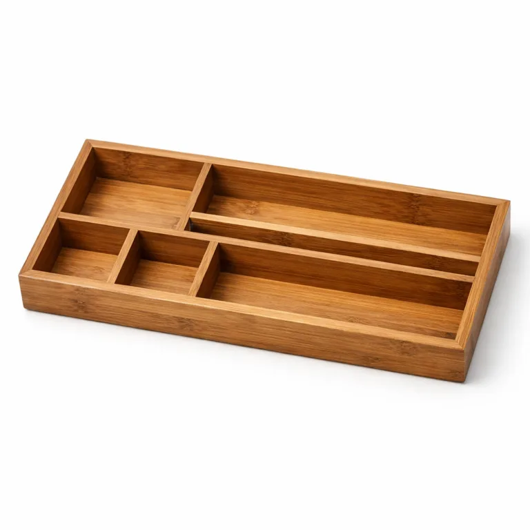 Rich carbonized bamboo vanity organizer tray with a compartmentalized design, accented by a beveled rim. Sharp studio photo against a white background, emphasizing the dark finish and clean angles.