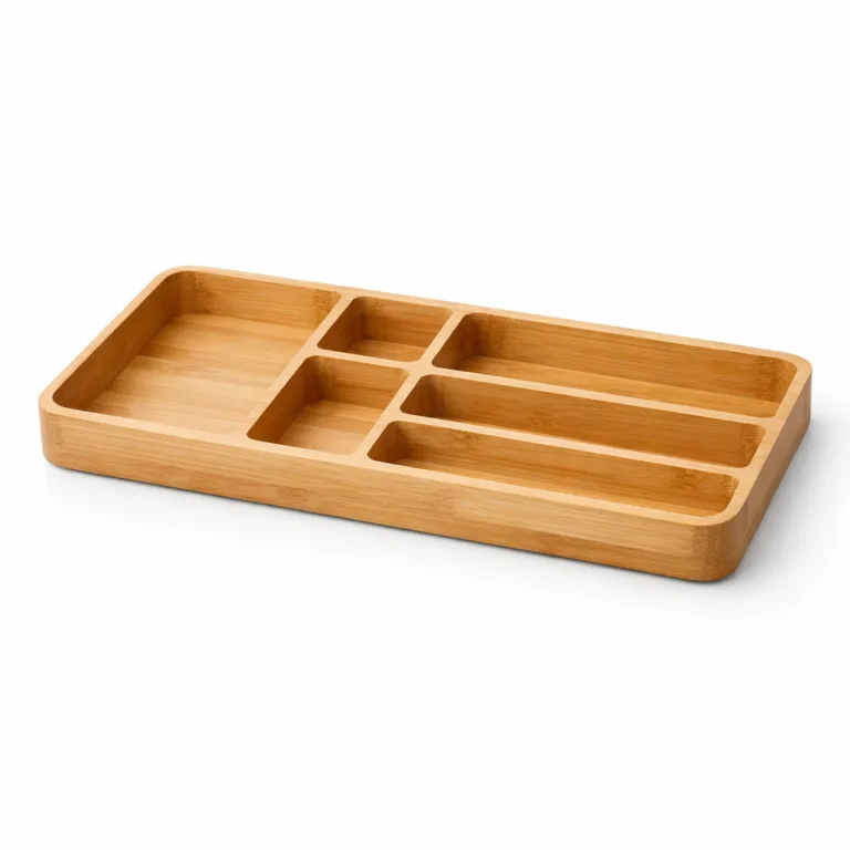Rectangular natural bamboo vanity organizer tray with compartmentalized interior, smooth rounded edges for a refined look. Photographed on a crisp white background with studio lighting, ideal for e-commerce presentation.