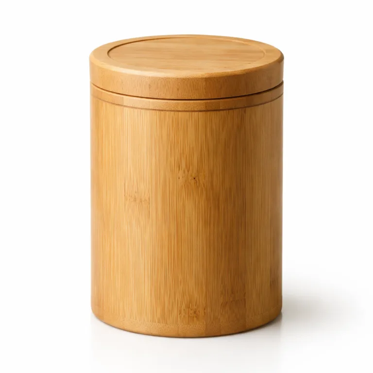 A bamboo vintage-style tea canister finished with matte oil, accented by a raised rim and a subtle circular groove on the lid for easy opening.
