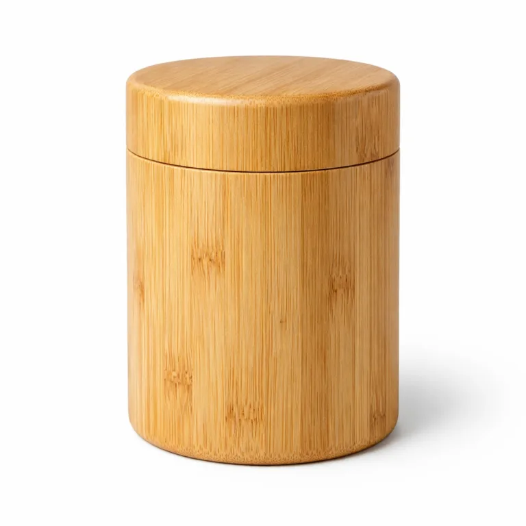 A bamboo vintage-style tea canister featuring a smooth natural finish and softly rounded edges, made from sustainably harvested bamboo, ideal for storing loose leaf tea.