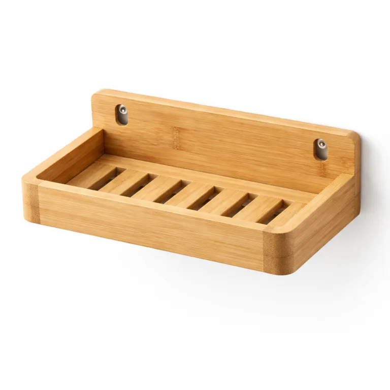 A matte-oiled bamboo soap shelf designed for wall-mounted use, featuring precise drainage slots along the slatted structure for better airflow and faster drying.