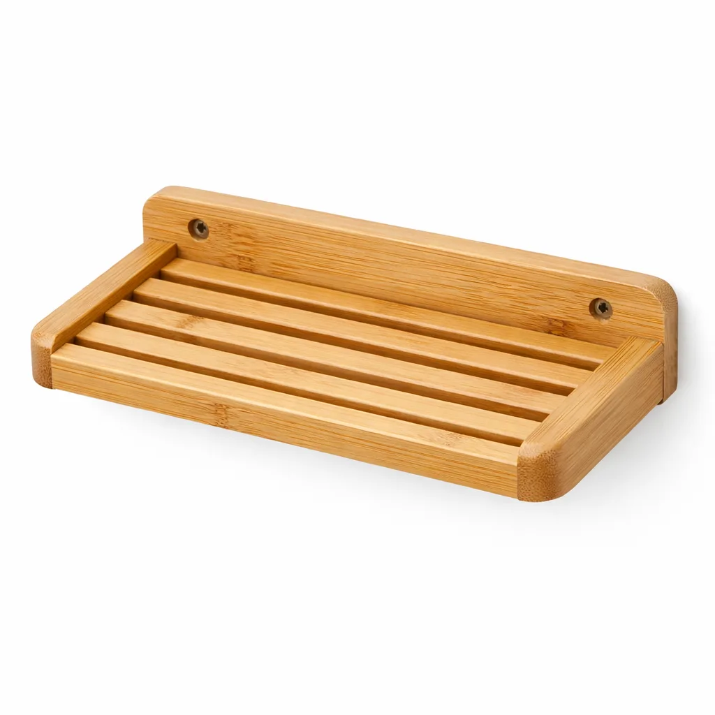 A wall-mounted bamboo soap shelf crafted from natural bamboo with a rectangular slatted base and softly rounded edges, shown in sharp studio lighting for e-commerce.