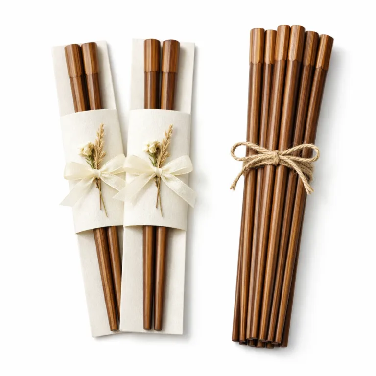 Carbonized bamboo chopsticks bring a rich, warm color and beveled handle edges, detailed with subtle engraving and bundled for wedding favor gifting, photographed for a crisp product view.